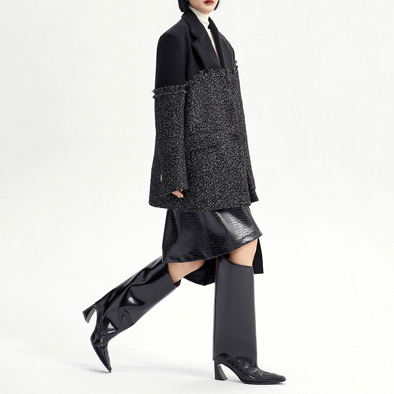 Splicing Design Women Suit Black Asymmetrical Woolen Fabric Tops Glamorous Single Row Of Two Buttons Long Sleeve Blazer In Stock