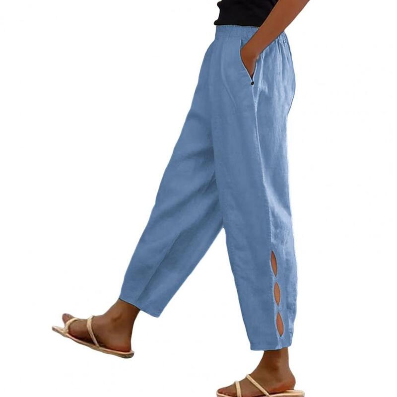 Pantalones de cintura ajustable para mujer, pantalones casuales con estilo, cintura elástica, ajuste de altura media, calados laterales, ropa de calle de verano