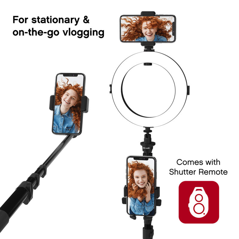 Na antenie stacja multimedialna LivePro-8 w lampa pierścieniowa LED, podwójny uchwyt do telefonu, kij do Selfie ze statywem