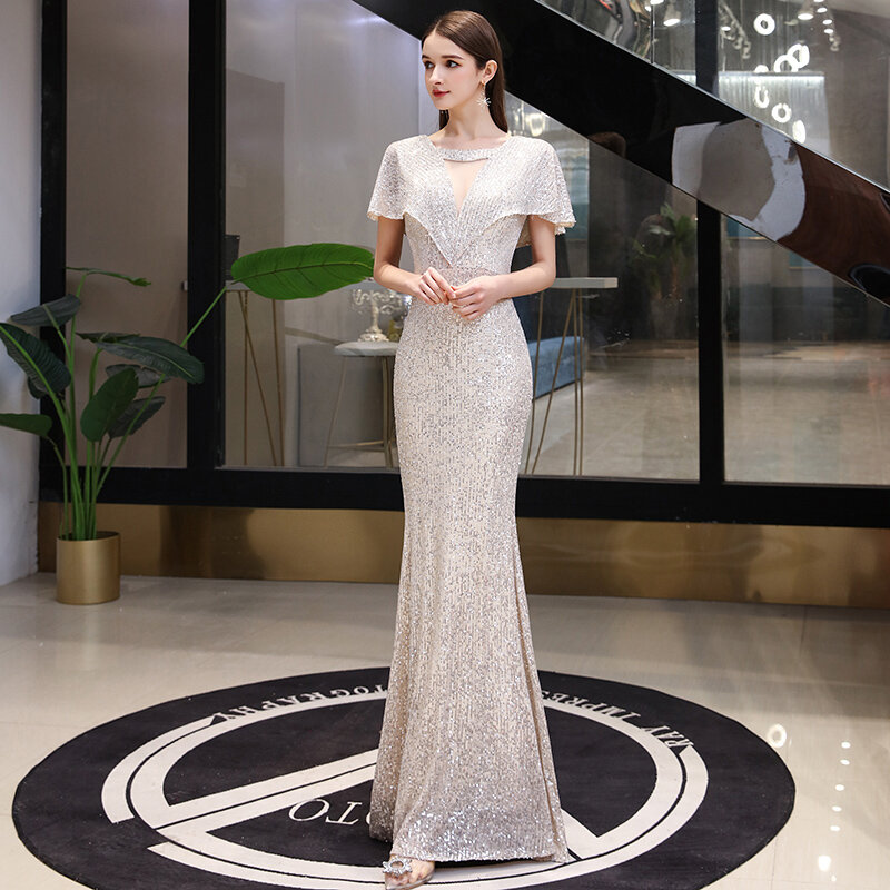 Простое и элегантное официальное платье, вечернее платье цвета шампанского с юбкой-годе, элегантное и простое нишевое платье с глубоким V-образным вырезом и шалью