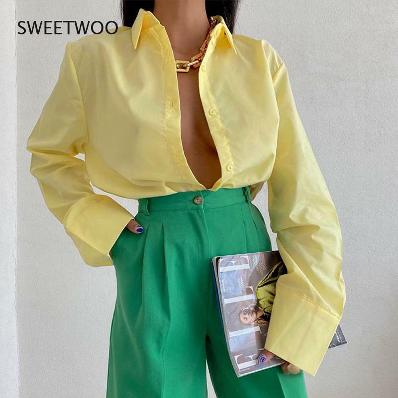Kaus Kerah Lipat Vintage Solid Manis Macaron Sederhana Mode Wanita Blus Kantor Wanita Awal Musim Semi Kasual Kancing Sebaris