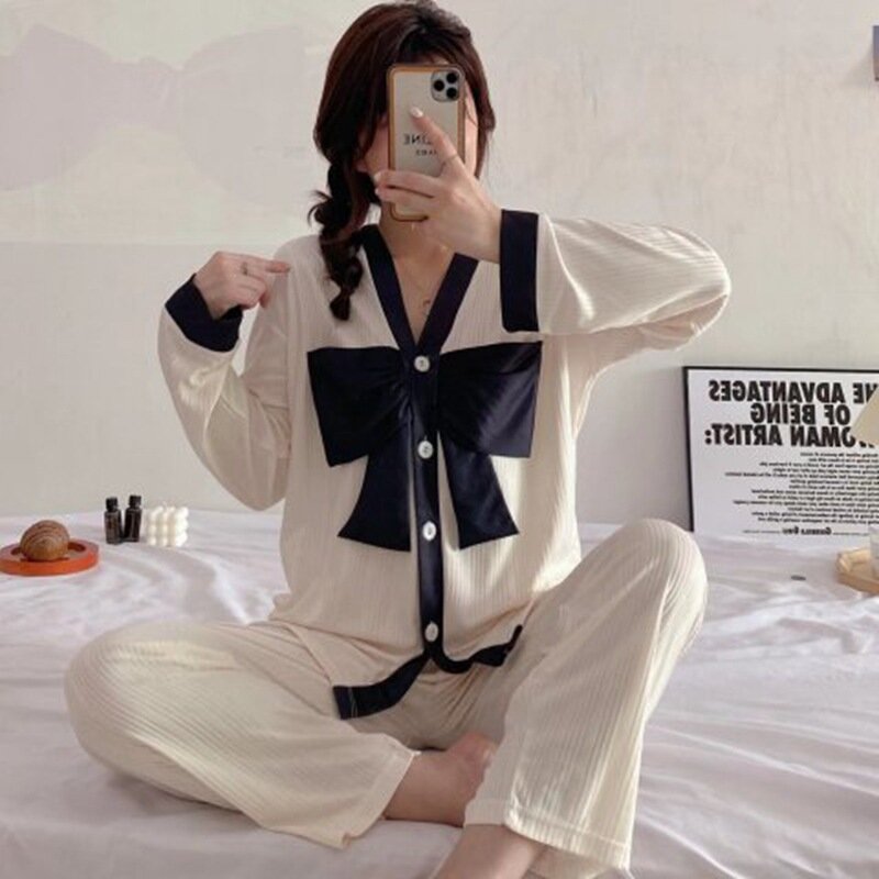 Conjunto de Pijama de 2 piezas para mujer, ropa de dormir suave con estampado de 100% algodón, camisa de manga larga con solapa, pantalones, traje