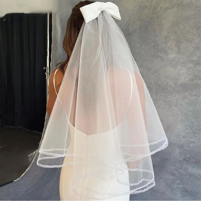 Elegante véu branco de casamento para mulheres, comprimento curto do ombro, véu nupcial, acessórios do casamento para noiva, casamento
