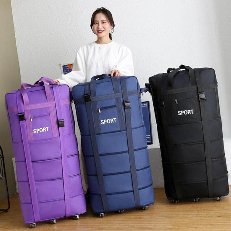 Tas bagasi dengan roda dapat diperbesar lipat Oxford troli tas uniseks pembawa tas akhir pekan perjalanan pesawat bagasi tas penyimpanan