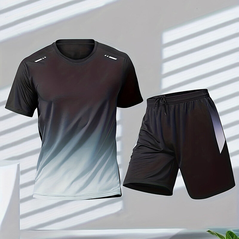 2023 New Summer Sportswear For Men Gradient Printing Badminton Suit Outdoor Running T-shirt Shorts Breathable Men's Sports Suit
