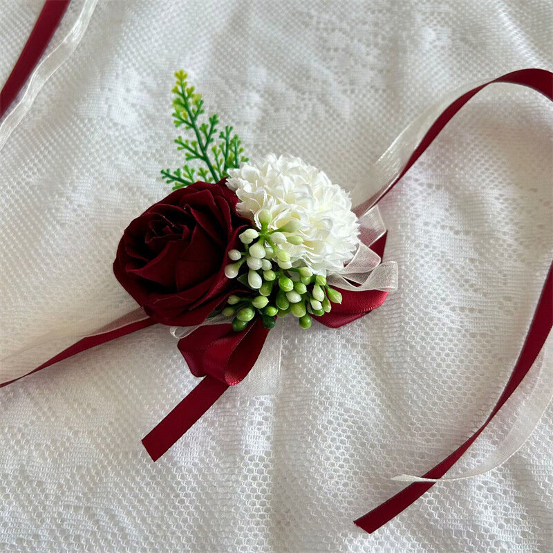 1 buah bunga mawar buatan bunga pergelangan tangan bunga mawar sutra pita pengantin korsase tangan dekoratif pernikahan Boutonniere