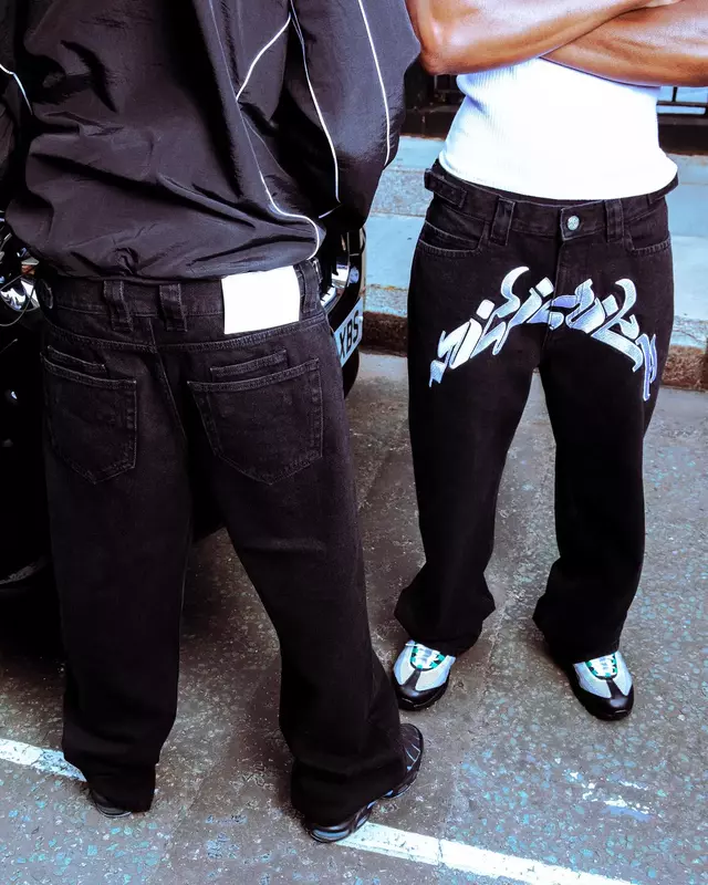 Calças largas de perna larga Hip Hop, jeans Harajuku casual de rua, calça preta, estampa extragrande, reta, Y2k, novo