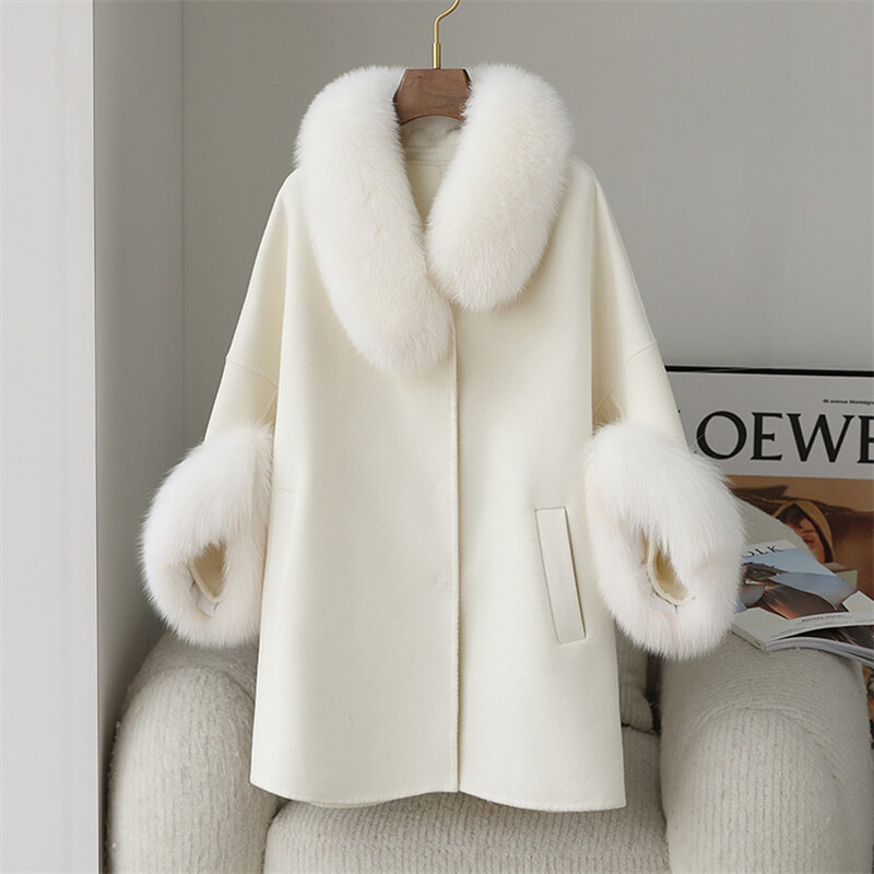 Aorice mulheres casaco de pele de lã de inverno de luxo jaqueta femal gola de pele de raposa casacos senhora longo sobre o tamanho parka trench ct2135