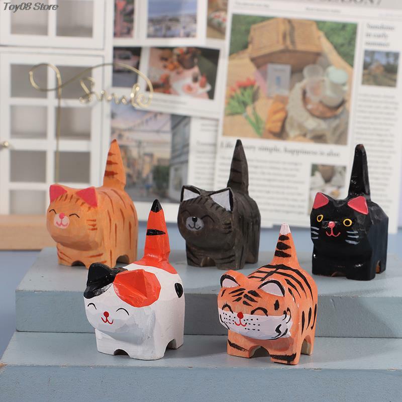 1PC Cartoon Cute Small Animal Desktop Decoration Crafts Innovative And Practical Handmade Wood Carving Cat Ornament