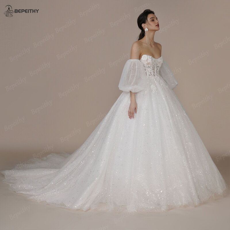 BEPEITHY-vestidos de novia sin tirantes con purpurina de marfil para mujer, vestido de novia romántico brillante, tren de corte, flor 3D, 2023