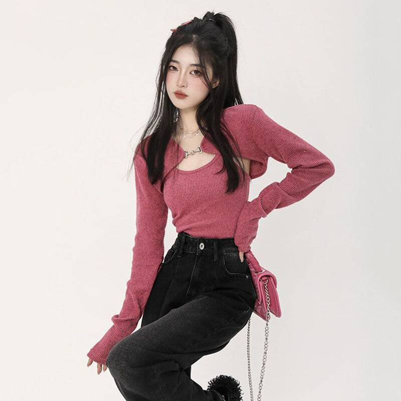 Lucyever-suéter de punto ajustado para mujer, conjunto de cárdigan y chaleco de moda coreana, Tops informales Harajuku, jerséis recortados, Y2K, Sexy