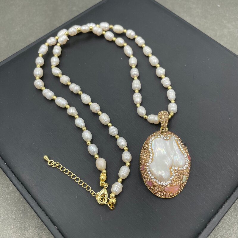 Perhiasan gaya abad pertengahan MVN058 kalung turmalin mutiara air tawar baru bertatahkan berlian imitasi di sekitar warna emas berlapis listrik