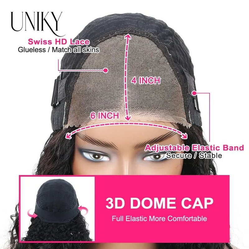 Peruca de cabelo humano pré-arrancada para mulheres, perucas profundas de renda encaracolada, pronto para usar e usar, 6x4, nós pré-branqueados