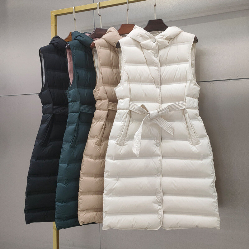 Colete feminino de pato branco, jaqueta com capuz, casaco sem mangas, parka grossa, tops de moda, 2023