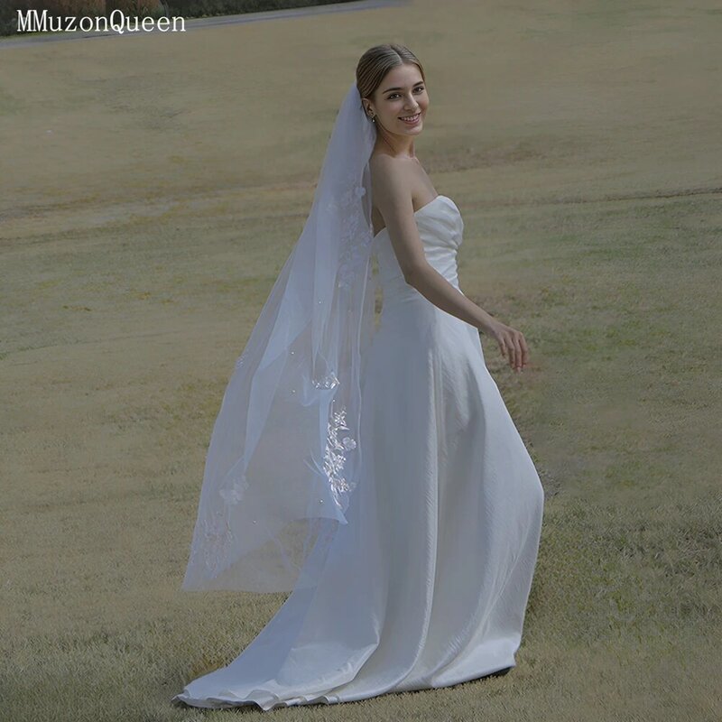 MMQ M113 Embroidery Veil With Pearl Deco Tulle Comb Veil For Bride Wedding Bride Party Accessories velos de novia lujo 2024