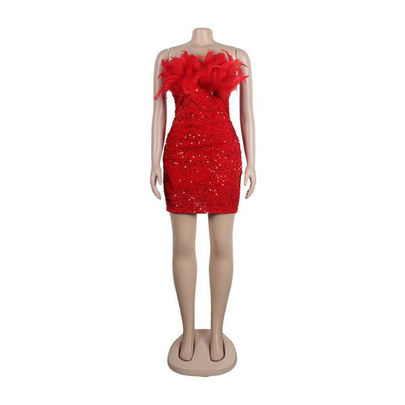 Женское мини-платье с блестками, элегантное платье-футляр с открытыми плечами и перьями, блестящее платье-футляр для выпускного вечера и банкета
