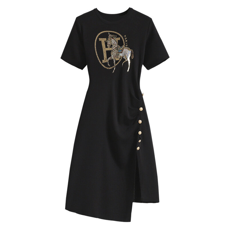 Женское платье-футболка с коротким рукавом, круглым вырезом и принтом букв