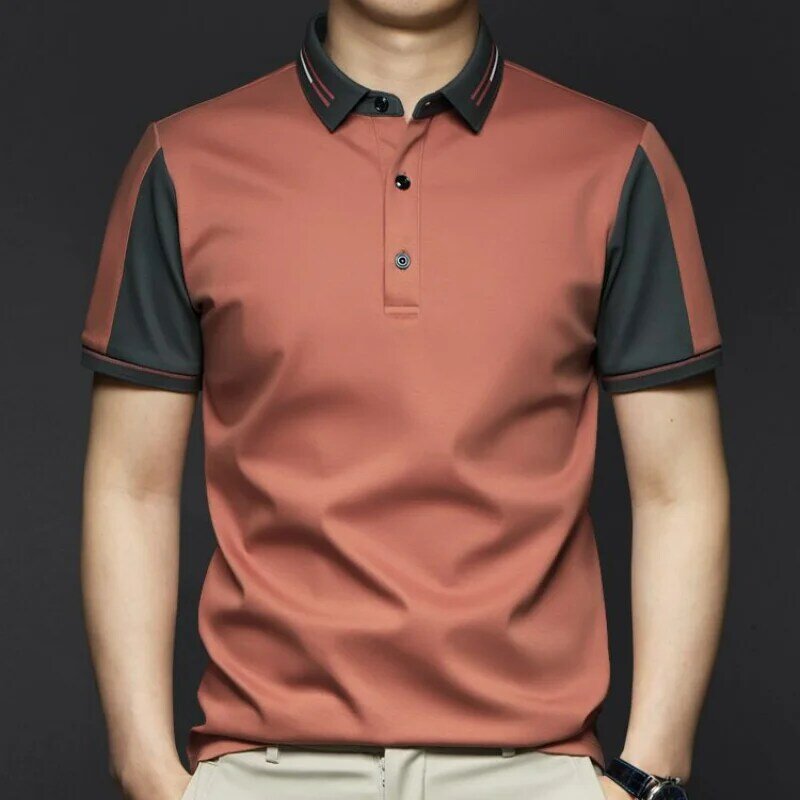 Camisa polo elástica high-end simples moda coreana masculina, lapela com painéis, blusa fina de secagem rápida, casual de manga curta, verão