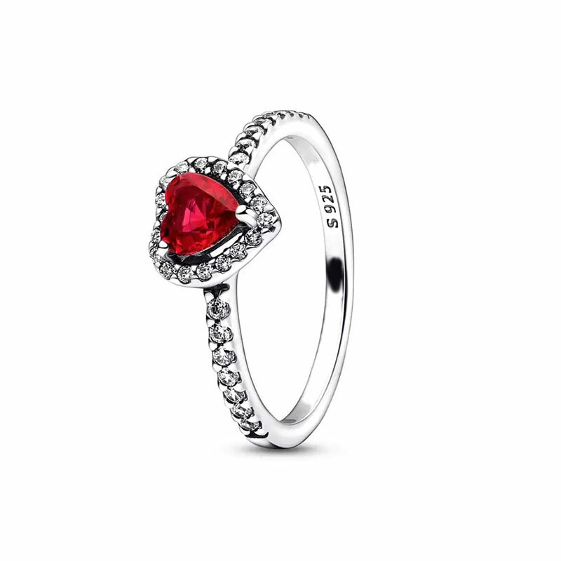 Anillo de plata de ley 2024 con corazón rojo elevado para mujer, joyería de cristal para el Día de San Valentín, 925