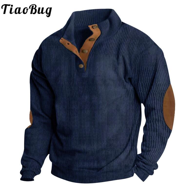 Mens Fashion Contrast Color Ribbed Pullover Tops Casual Daily Wear Button Stand Collar Long Sleeve Sweatshirt for Camping Travel