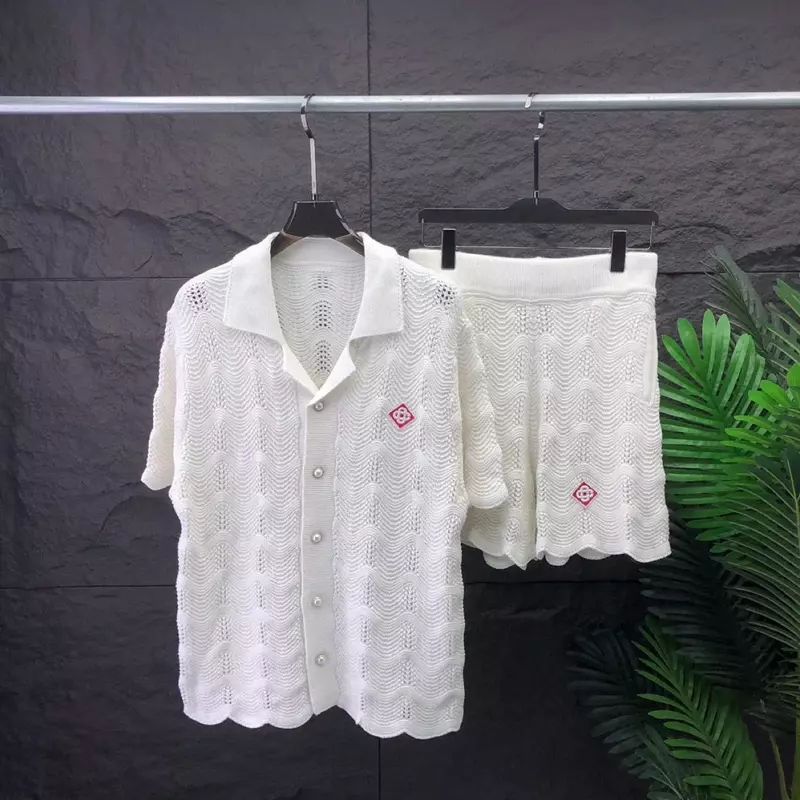 Casa 24ss Nieuwe Vintage Holle Gebreide Cardigan Shirt Met Korte Mouwen En Gebreide Shorts Pak Voor Heren Top Kwaliteit Losse Ademend