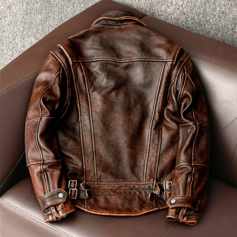 Jaqueta de motociclista de couro genuíno masculina, casaco de couro marrom vintage, moda fina, estilo novo, tamanho asiático 6XL, transporte da gota de fábrica