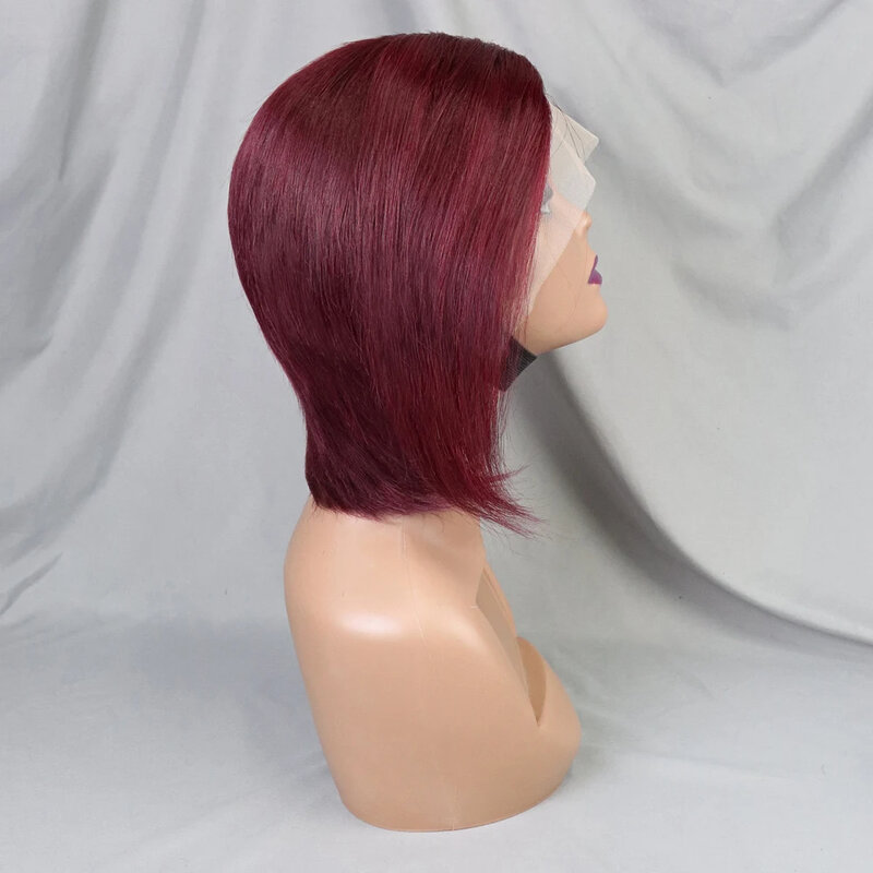 Peluca de cabello humano liso con corte Pixie Borgoña, pelo Remy brasileño precoloreado, corte Bob, 13x4, encaje frontal, predesplumada