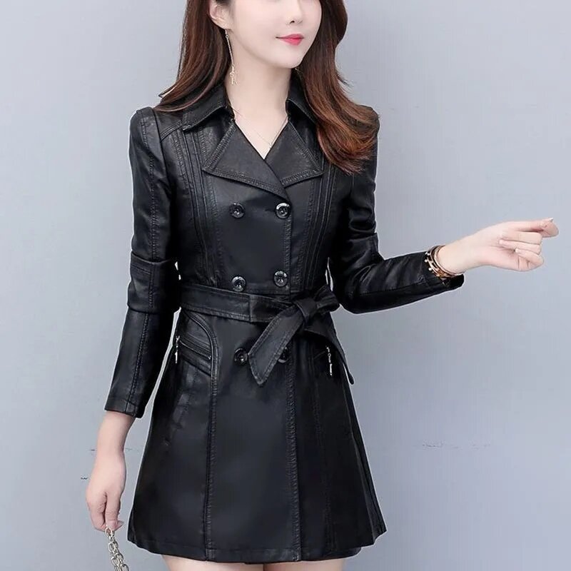 Fashion Pu Leather Jacket Women Spring Autumn Windbreaker Outcoat Mid Long Korean Version Slim Double-Breasted Leather Coat