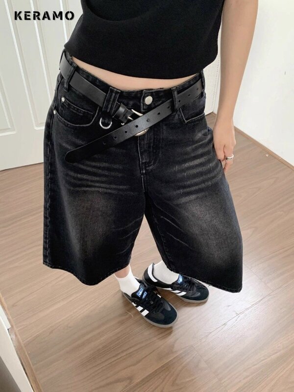 Harajuku Vintage pinggang tinggi hitam Retro dicuci celana pendek Denim wanita Fashion kasual longgar Fit Y2K Streetwear pertengahan panjang pendek