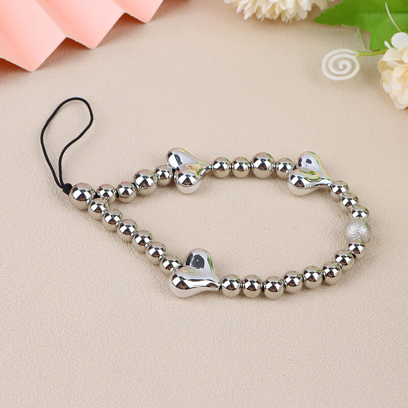 1Pc Silver Color Heart Phone Charms Plastic Love Beaded Rope For Phone Women Men Short Cell Phone Lanyard Keychains