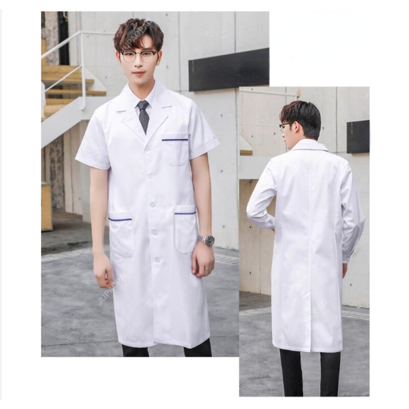 Casaco branco de manga curta para médico e enfermeira, feminino e masculino, jaleco de laboratório, macacão de química, uniforme químico