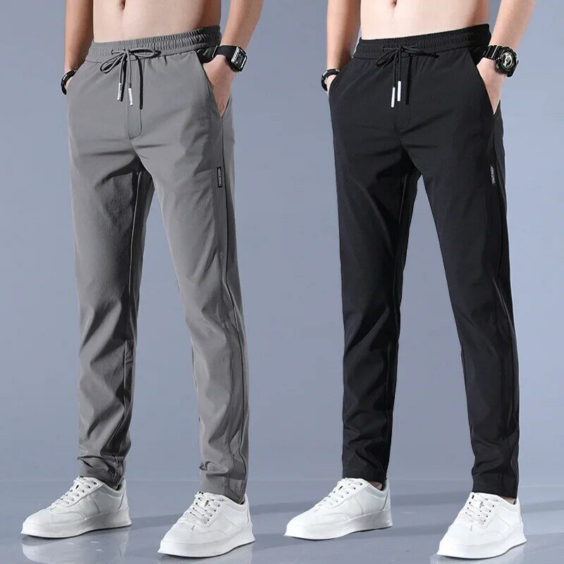Lodowy jedwab spodnie męskie w jednolitym kolorze luźne oddychające spodnie z prostymi nogawkami do połowy talii, cienkie szybkoschnące spodnie sportowe