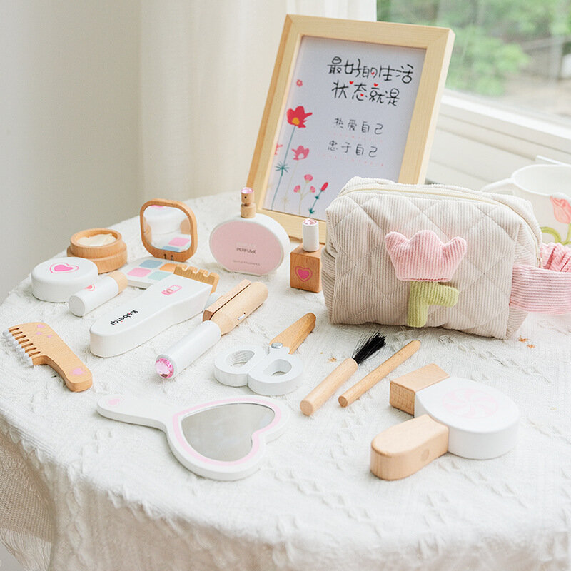 Kit de maquillaje de simulación de madera para niñas, juego de cosméticos para bebés, cosas de lápiz labial de madera, juguetes de belleza y moda