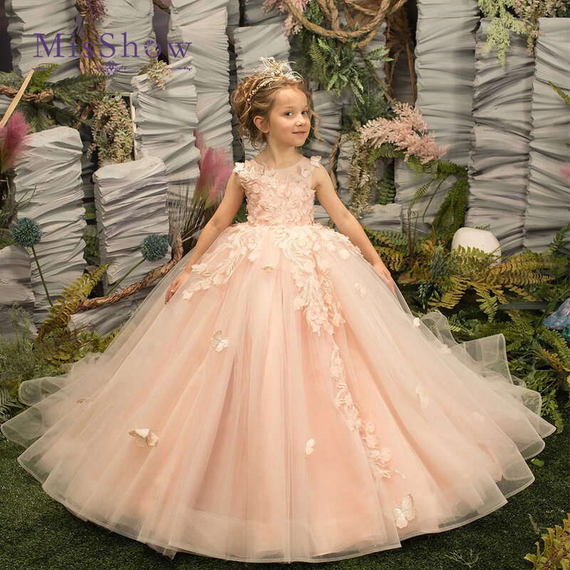 MisShow gaun bunga bordir 3D bunga pengiring pengantin wanita untuk pernikahan berbulu ulang tahun anak Putri Malam pesta Prom