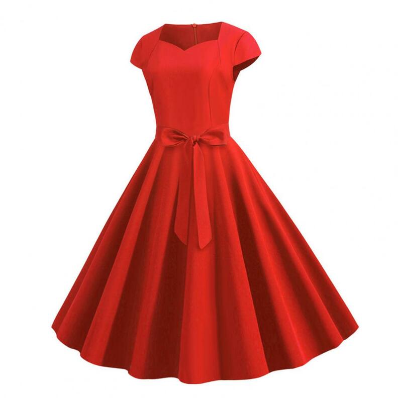 Party Dress Retro Princess Style Midi Dress with V Neck Belted Bow Decor A-line Big Swing Design for Women Stretchy Solid Dress