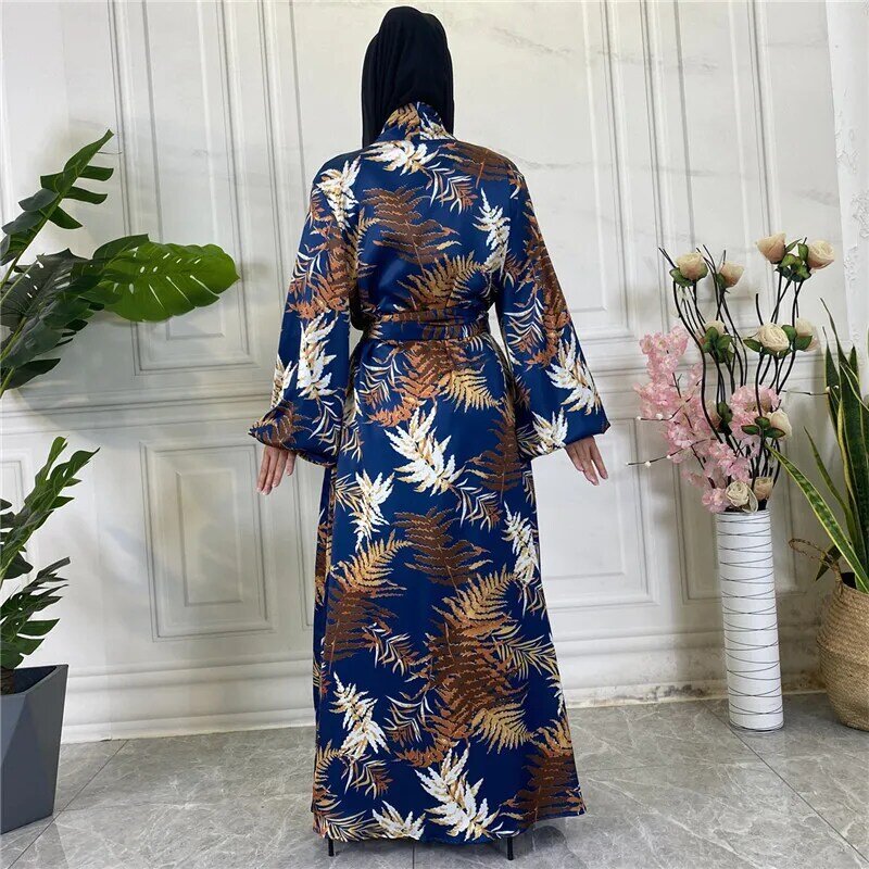 Wepbel Jubah Lengan Panjang Kimono Gaya Arab Satin Abaya Muslim Gaun Kain Saku Samping Dicetak Kardigan Pakaian Islami