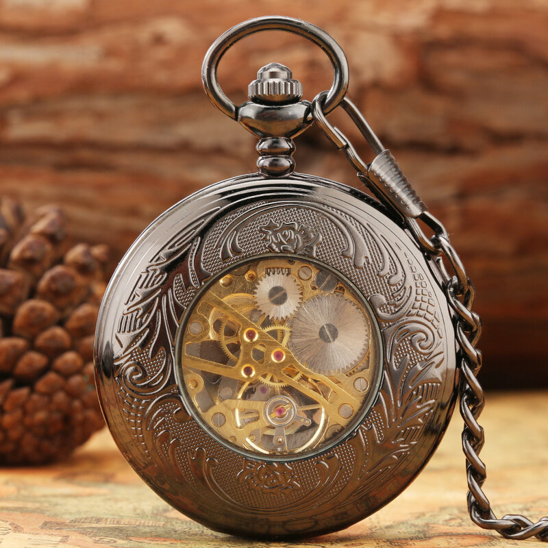 Rhombus Hollow Mechanical Pocket Watch Arabic Numerals Black Dial Pendant Hand-winding Pocket Watches Clock Gifts for Men Women