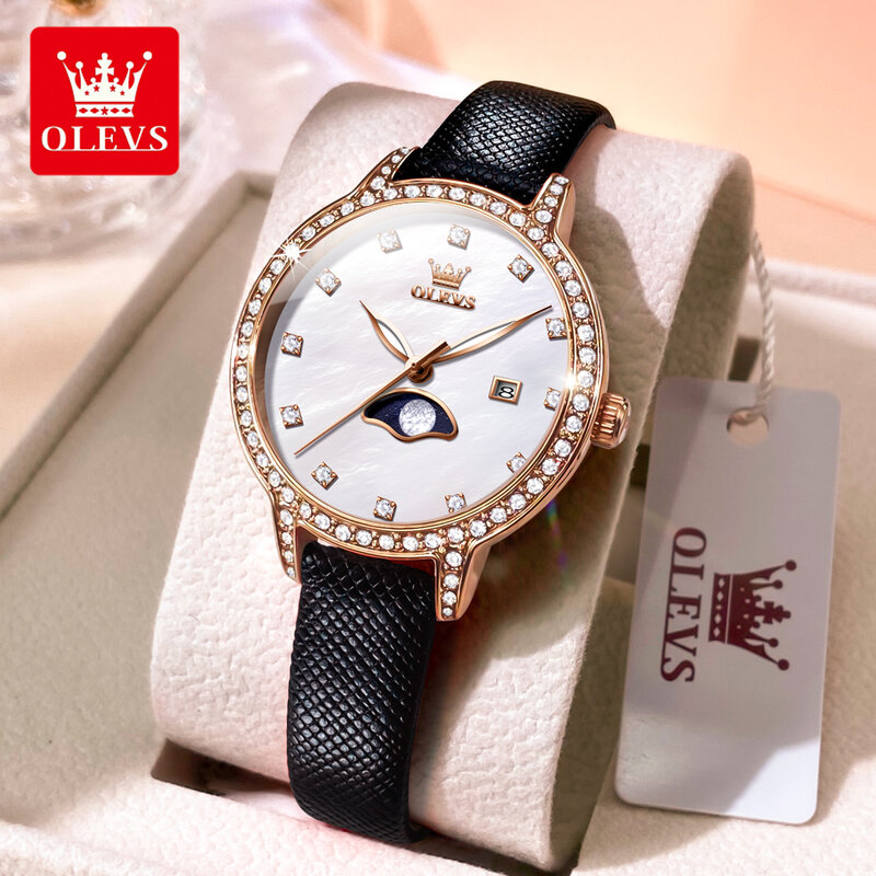 OLEVS-relojes de marca de lujo para mujer, pulsera de cuarzo con bisel de diamante, pantalla de fecha, correa de cuero, resistente al agua, conjunto de caja de regalo