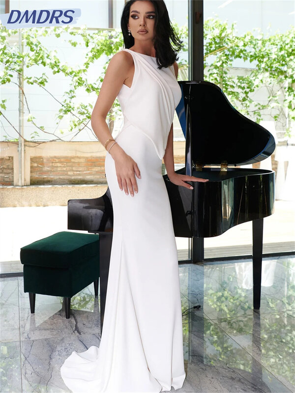 Gaun Prom tanpa lengan romantis 2024 gaun malam model A-Line leher kru klasik yang menawan gaun panjang lantai Vestidos De Novia