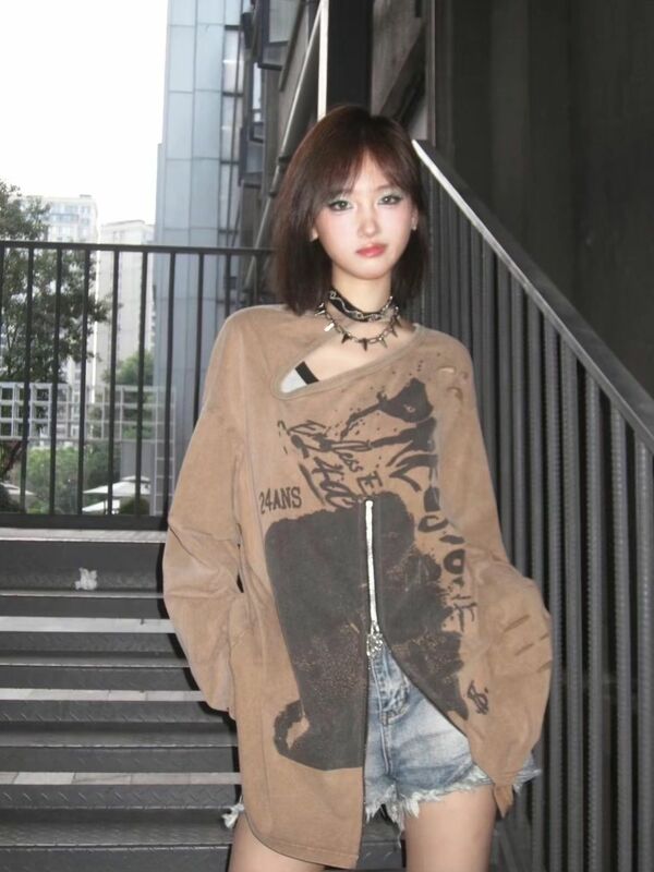 Impressão estética feminina Vintage Loose Tops, moletom com zíper Harajuku, Hoodies grunge, Harajuku Streetwear, Y2k