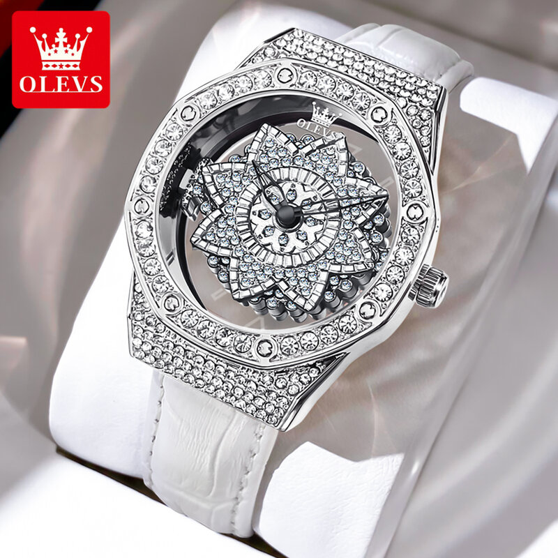 OLEVS Brand Luxury Diamond Quartz Watch for Women Fashion Leather Strap Waterproof Fashion Silver Watches Mens Relogio Feminino