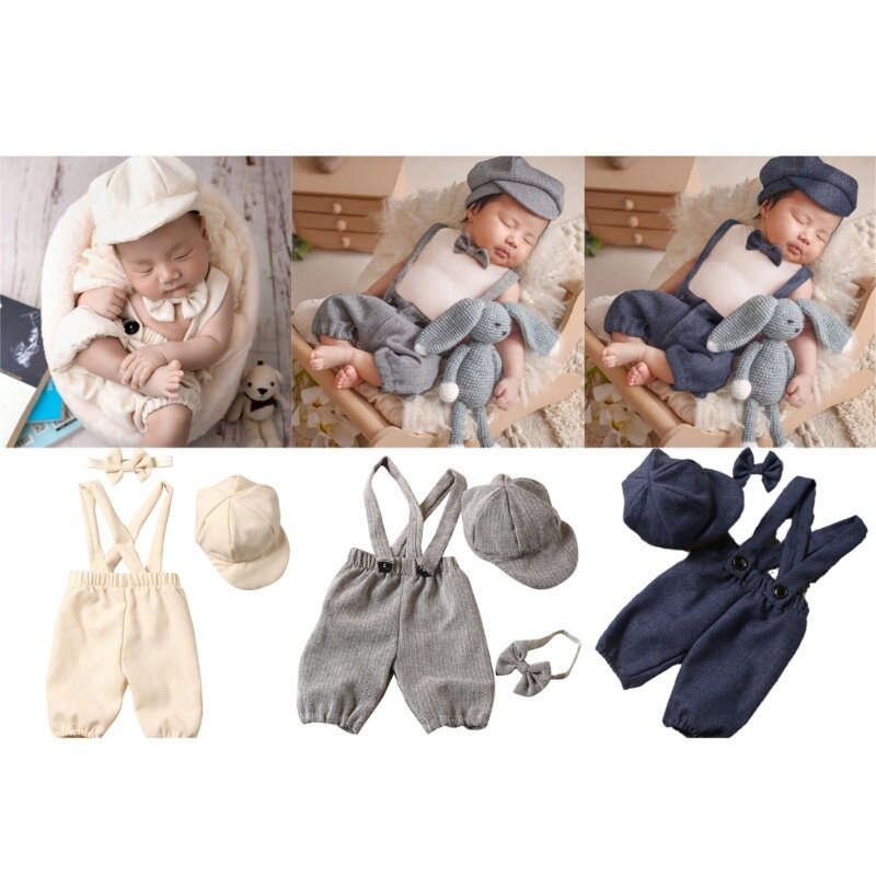 Disfraz recién nacido, ropa fotografía, uniforme Vintage, boina, sombrero, pantalones con tirantes, accesorios para sesión