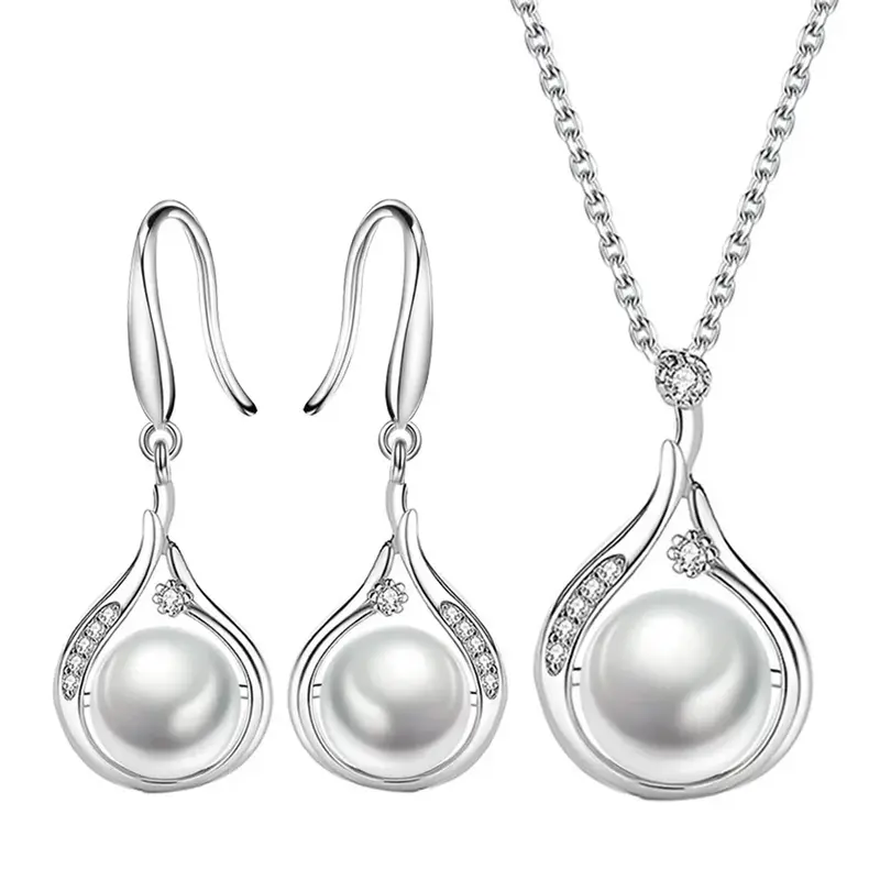 925 Sterling Silver Pearl Pendant Conjuntos de Jóias Elegantes para Mulheres, Brinco e Colar, Acessórios de Luxo, Atacado