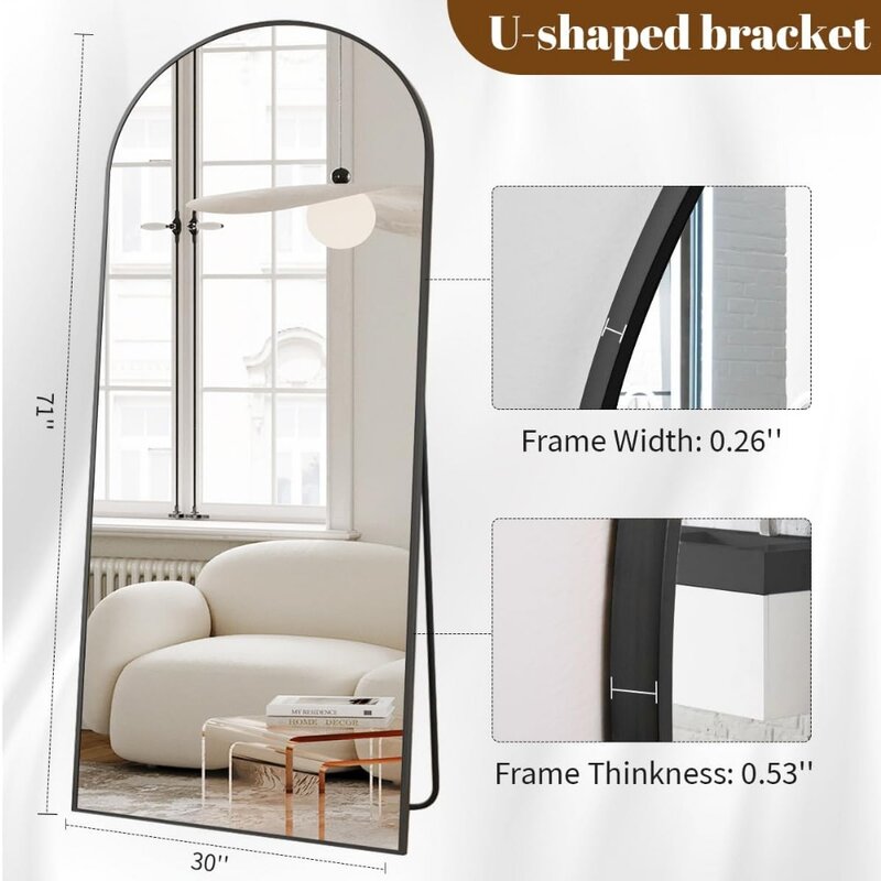 กระจกโค้งยาวเต็มรูปแบบ koonmi 30 "x 71" กระจกชั้นสีดำขนาดใหญ่ที่มีกรอบอะลูมินัมอัลลอยยืนแขวนหรือพิง