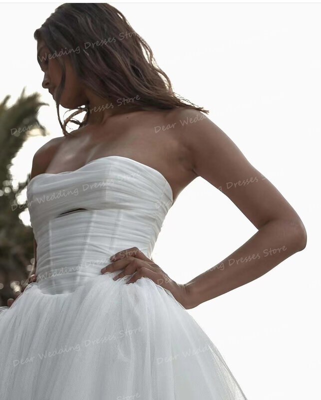 Gaun pernikahan Tulle sederhana gaun pengantin tanpa lengan tanpa tali seksi A Line untuk wanita gaun pengantin elegan Formal