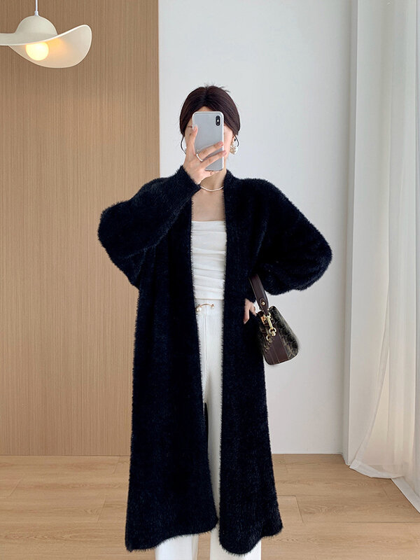Knitted Winter Elegant Vintage Cardigans Women Fashion White Sweaters Long Coats Warm Loose Soft Jackets Solid Color Clothing