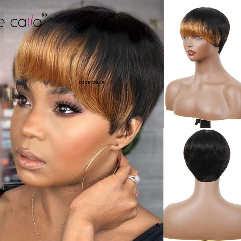 Fryzura Pixie peruki dla czarnych kobiet 9A krótka proste włosy ludzkie peruki z grzywką peruki z krótkim warstwowym Pixie dla czarnych kobiet naturalne