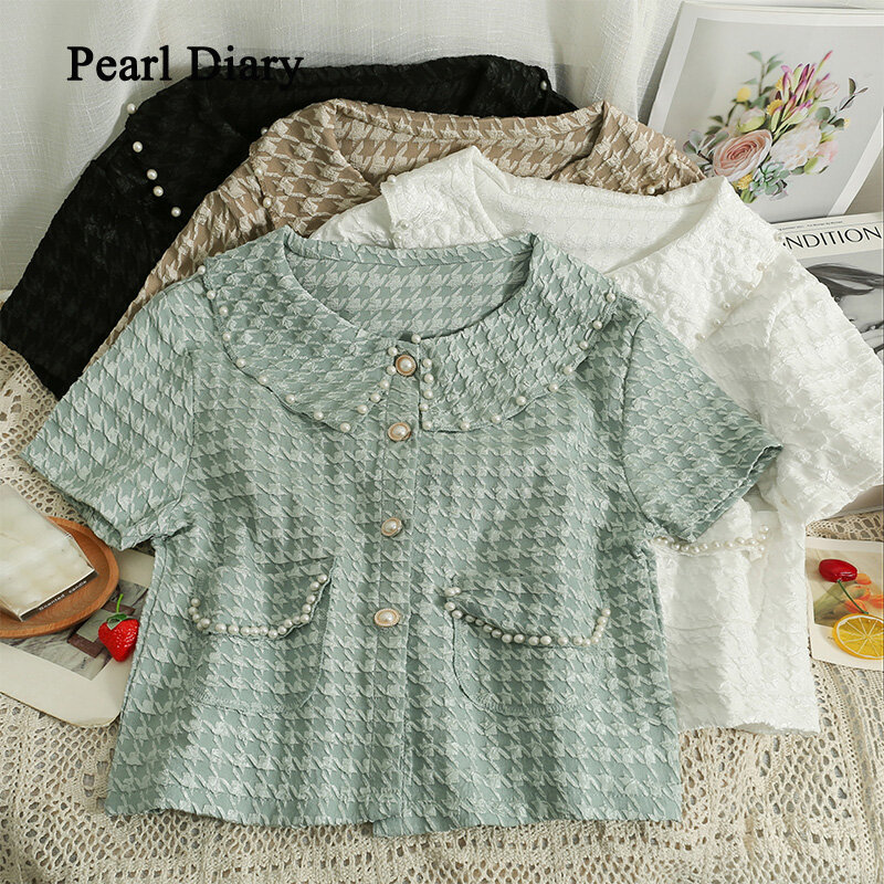 Pearl Diary Summer Trendy Casual Sweet Korean Style New Ins Tops Pearl Button Turn-Down Collar Shirts Women Plaid Girlish Tops