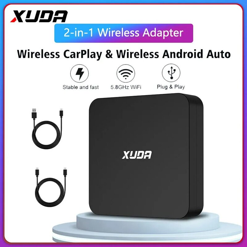 XUDA-Wireless CarPlay Android Auto Adapter, Spotify, 2 em 1 Caixa, Suporte Netflix, Mazda, Toyota, Mercedes, Peugeot, Volvo