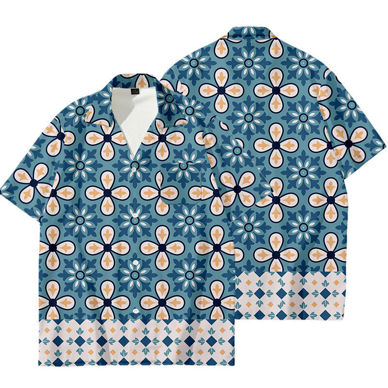 بلوزة الرجال هاواي مقلمة مطبوعة بأكمام قصيرة ، قميص طية صدر غير رسمي ، ملابس الشارع ، أزياء الهيب هوب للعطلات ، مصمم